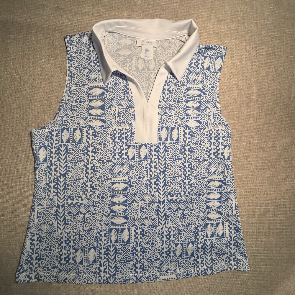 Sigrid Olsen Womens L Golf Tennis Sleeveless Polo Dress Blue White Stretch Top